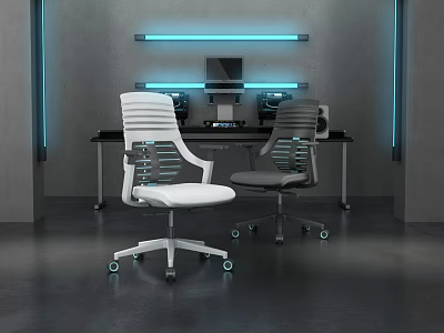 Modern White And Gray Office Chairs With Black Workstation And Blue Lighting 3d model