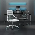 Modern White And Gray Office Chairs With Black Workstation And Blue Lighting