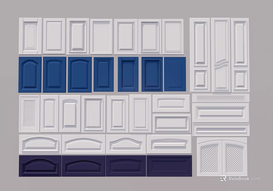 Assorted Cabinet Doors With Various Colors And Design Styles Including White Blue Dark Blue 3d model 