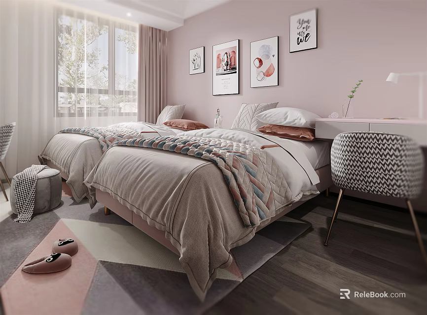 Bright Kids Room With Pink Walls Two Beds Wall Art Desk Chair And Wooden Floor 3d model 