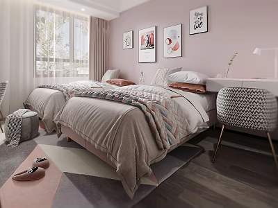 Bright Kids Room With Pink Walls Two Beds Wall Art Desk Chair And Wooden Floor 3d model