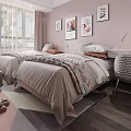 Bright Kids Room With Pink Walls Two Beds Wall Art Desk Chair And Wooden Floor