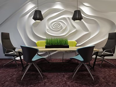 Modern Table With Black Blue Chairs White Rose Wall Black Pendant Lights And Green Plant 3d model