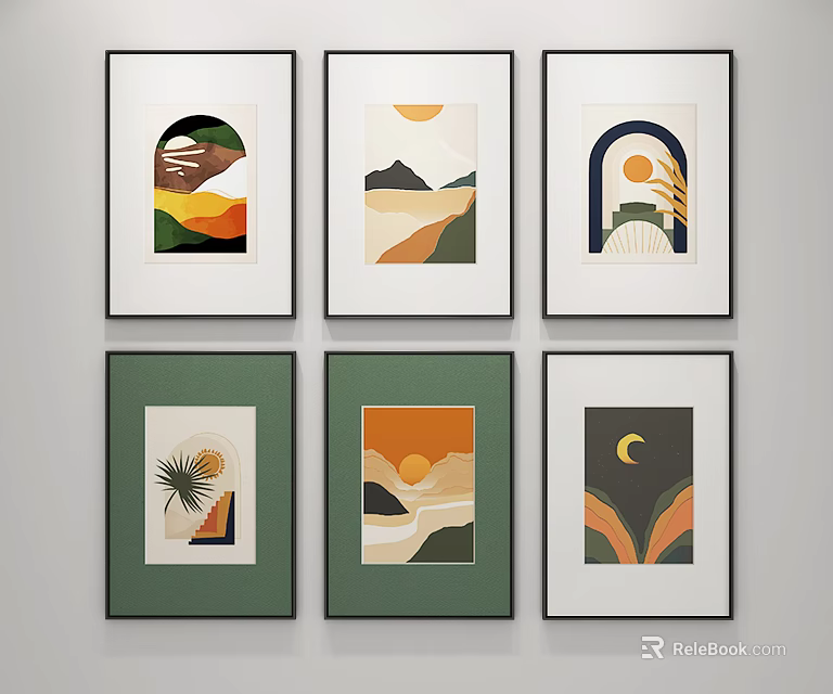 Decorative Wall Art Framed Prints With Mountain Sun Moon And Palm Tree Design 3d model