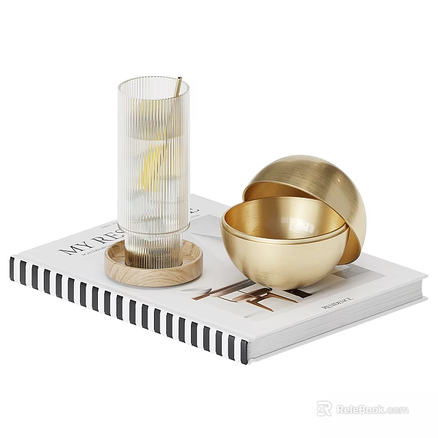 Decorative Ornament Set With Transparent Glass Cup Wooden Base And Golden Bowls On Magazine 3d model 