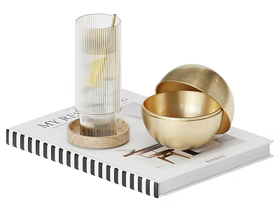 Decorative Ornament Set With Transparent Glass Cup Wooden Base And Golden Bowls On Magazine 3d model