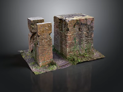 Ancient Weathered Brick Ruins With Moss Covered Stone Blocks And Archway 3d model