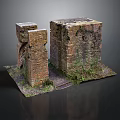 Ancient Weathered Brick Ruins With Moss Covered Stone Blocks And Archway