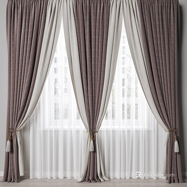 Elegant Dark Brown Curtains With White Sheer Panels And Tassel Ties For Window Decoration 3d model 