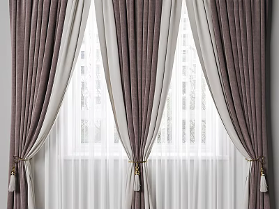 Elegant Dark Brown Curtains With White Sheer Panels And Tassel Ties For Window Decoration 3d model