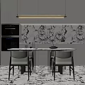 Modern Oval Dining Table And Light Colored Chairs Set With Black Frames And Marble Backsplash