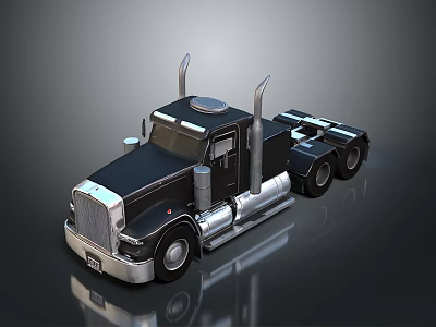 Black Heavy Duty Truck With Cab Shiny Metal Exhaust Pipes And Wheels 3d model