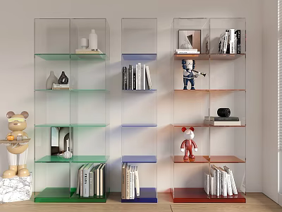 Colorful Transparent Shelving Units with Books Decorative Items and Stuffed Toys for Home Decor and Storage 3d model