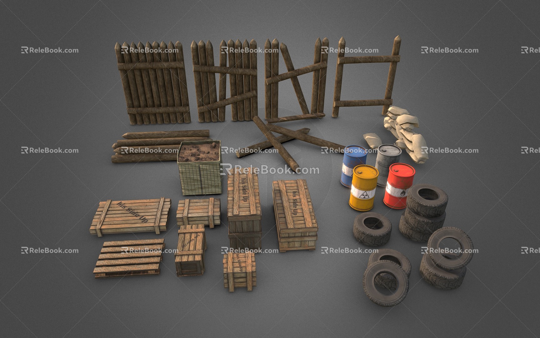 Industrial LOFT Asset Pack Fence Wooden Box Oil Drum Tire 3d model