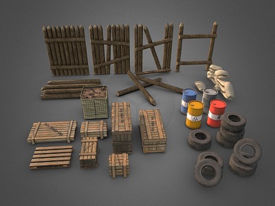 Industrial LOFT Asset Pack Fence Wooden Box Oil Drum Tire 3d model