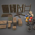 Industrial Equipment Collection Including Wooden Crates Tires Paint Cans And Fences