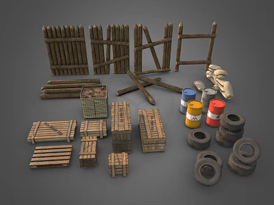 Industrial Equipment Collection Including Wooden Crates Tires Paint Cans And Fences 3d model