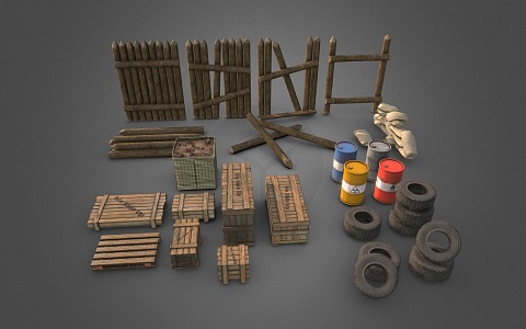 Industrial LOFT Asset Pack Fence Wooden Box Oil Drum Tire 3d model