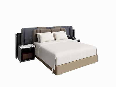 Modern Double Bed With Gray Brown Headboard And Black Nightstands White Sheet 3d model