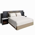 Modern Double Bed With Gray Brown Headboard And Black Nightstands White Sheet