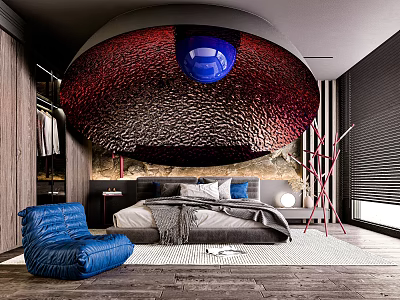 Modern Bedroom With Large Red Black Textured Circular Chandelier Blue Center Bed And Blue Armchair 3d model