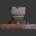 Detailed Hand Carved Sculpture With Circular Mosaic Base And Ornate Decorative Vessel