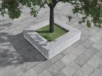 Square Tree Pit with Perforated Stone Edge and Green Leaves on Gray Paved Ground 3d model