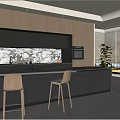 Sunlit Modern Kitchen With Dark Cabinets Marble Backsplash Island Bar Stools And Potted Plant