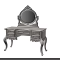 Elegant White Dressing Table With Ornate Carvings Round Mirror And Multiple Drawers