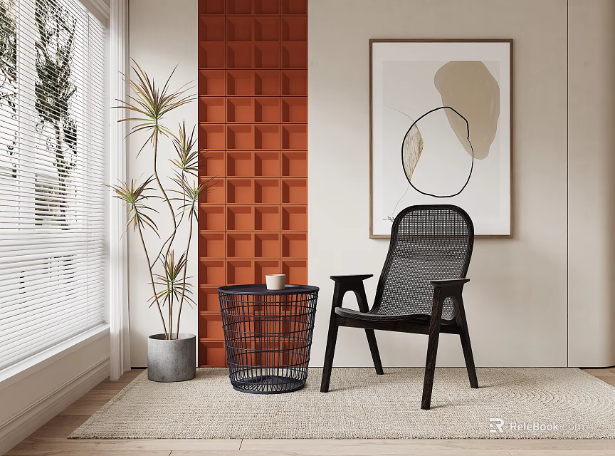 Stylish Black Mesh Leisure Chair With Potted Plant Wicker Basket And Abstract Art Near Window 3d model 