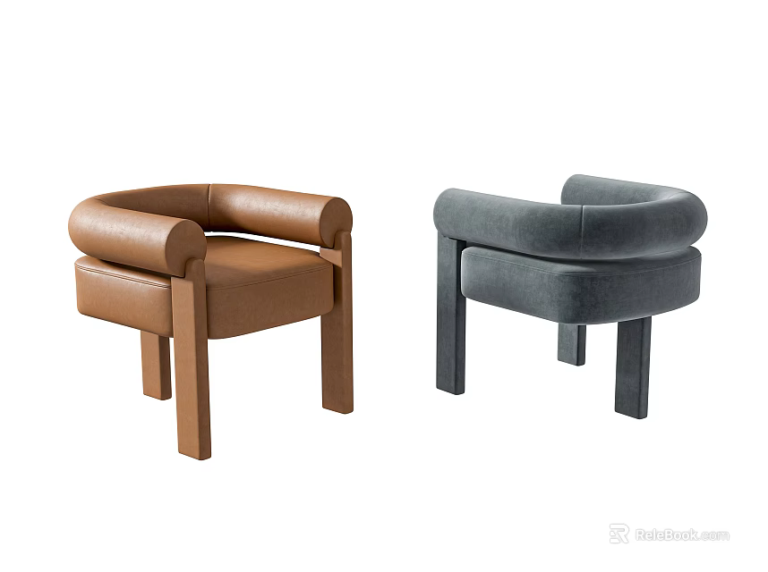 Modern Brown Leather and Gray Velvet Accent Chairs with Armrest and Straight Legs 3d model 