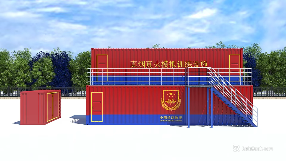 Red and Blue Container Based Fire Training Facility with Simulated Smoke and Fire 3d model
