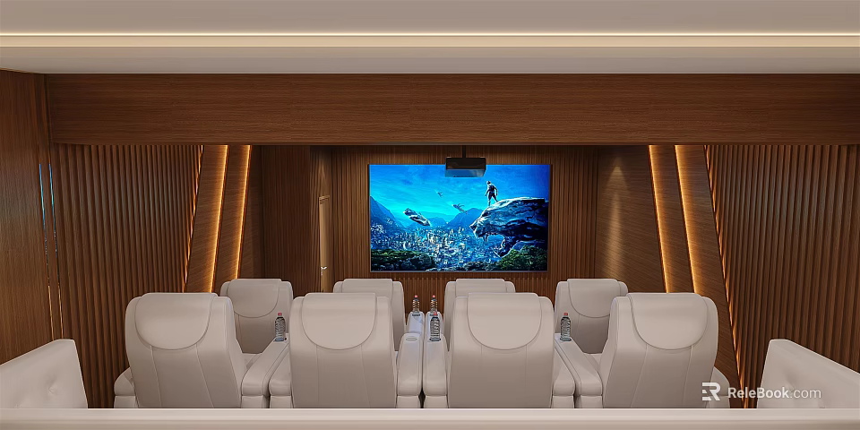 Modern Home Theater Room with Large Screen TV Leather Seats Wooden Walls and Ambient Lighting 3d model 