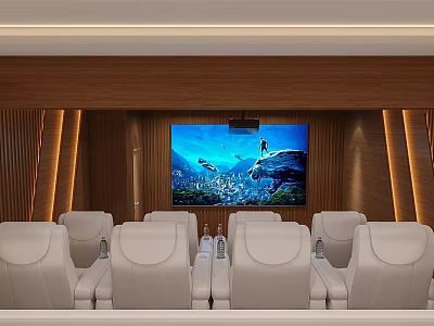 Modern Home Theater Room with Large Screen TV Leather Seats Wooden Walls and Ambient Lighting 3d model