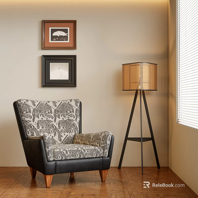 Accent Chair With Patterned Upholstery And Wicker Floor Lamp By Wall Frames And Window Blinds 3d model