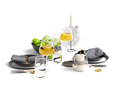 Elegant Dinnerware Set With Black Plates Transparent Glasses Gray Napkins And Green Fruits 3d model