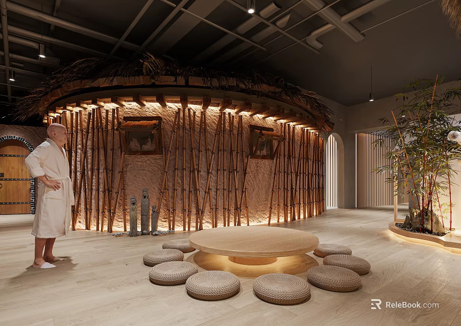 Spa Relaxation Space With Bamboo Structure Thatched Roof And Cushions 3d model 