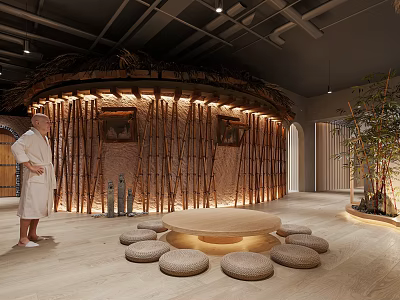 Spa Relaxation Space With Bamboo Structure Thatched Roof And Cushions 3d model