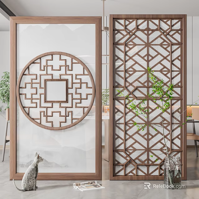 Wooden Room Divider Featuring Circular Carved Design And Geometric Pattern With Green Plants 3d model 