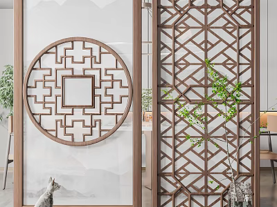 Wooden Room Divider Featuring Circular Carved Design And Geometric Pattern With Green Plants 3d model
