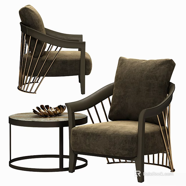 Modern Table and Chair Set with Brown Upholstered Metal Frame Chairs Round Table Decorative Items 3d model 