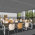 School Classroom With Yellow And White Chairs Long Tables Bookshelves Large Windows And Green Plants