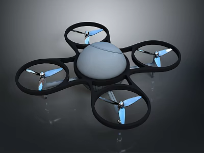 Modern Quadrotor Drone With Spherical White Body Black Frame And Four Blue Tipped Propellers 3d model
