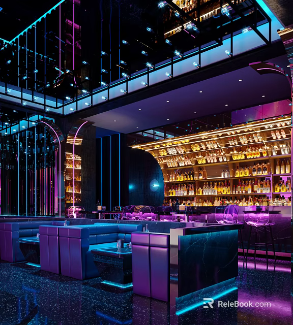Modern Bar Interior Design With Purple Lighting Bar Counter Liquor Bottles And Comfortable Seating 3d model 