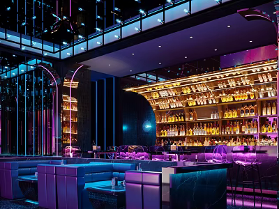 Modern Bar Interior Design With Purple Lighting Bar Counter Liquor Bottles And Comfortable Seating 3d model