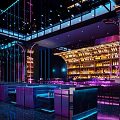 Modern Bar Interior Design With Purple Lighting Bar Counter Liquor Bottles And Comfortable Seating
