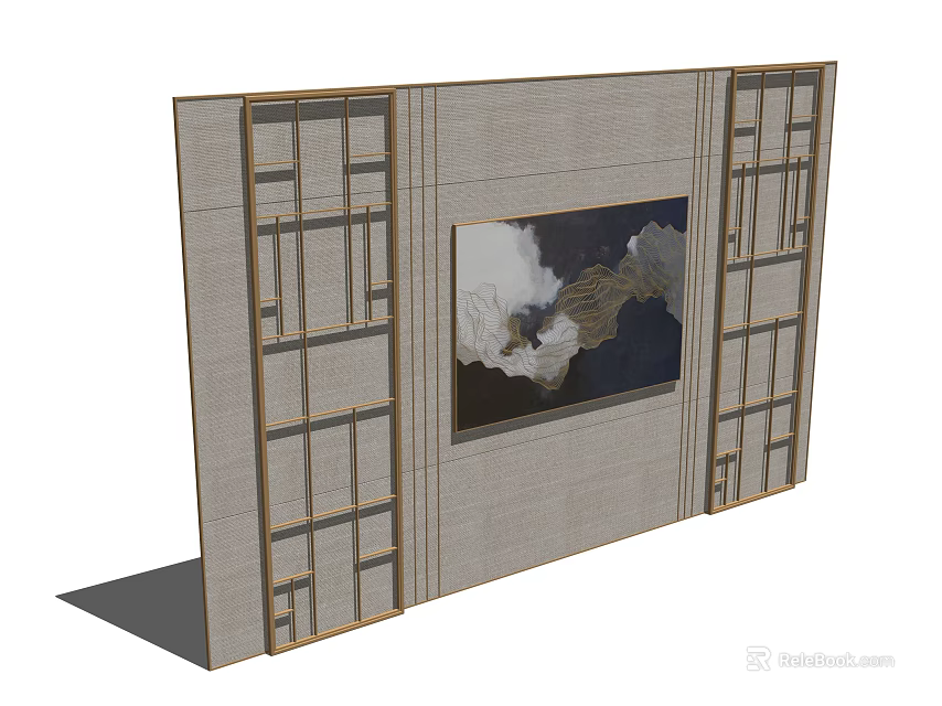 Modern Gray Panel Background Wall With Central Artwork And Decorative Golden Frames 3d model