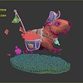 Playful Orange Rodent Game Character With Blue Hat Basket Small Flag On Green Grass