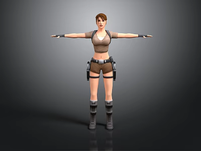 Woman In Brown Top And Shorts With Utility Belt And Boots Arms Outstretched 3d model