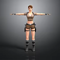 Woman In Brown Top And Shorts With Utility Belt And Boots Arms Outstretched